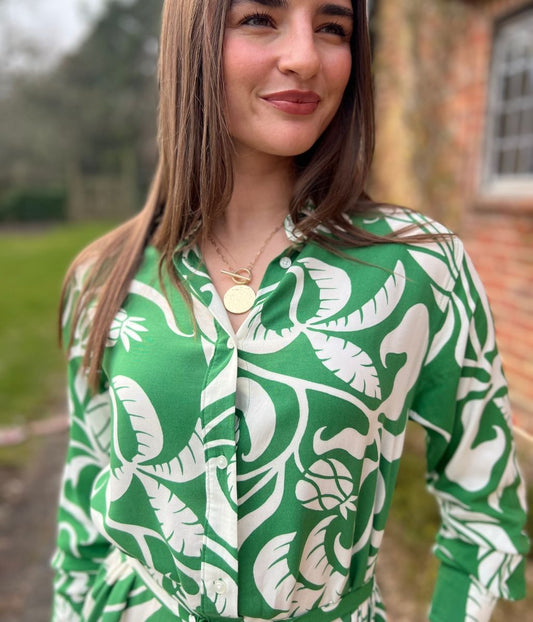 Green Botanical Long Sleeve Shirt Dress