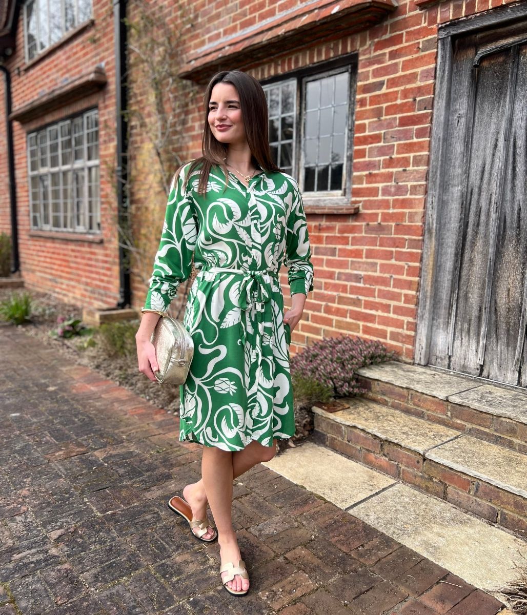 Green Botanical Long Sleeve Shirt Dress