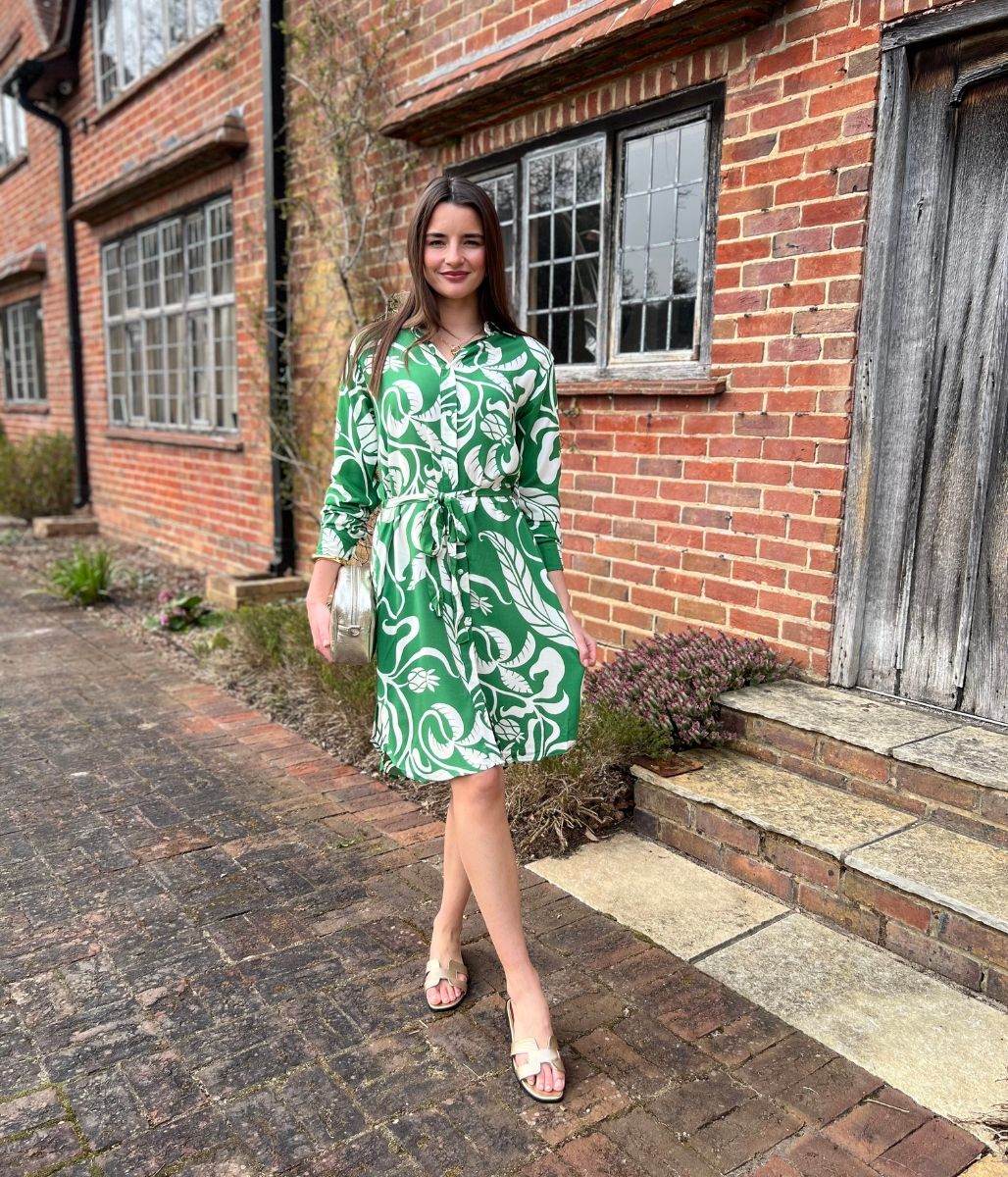 Green Botanical Long Sleeve Shirt Dress