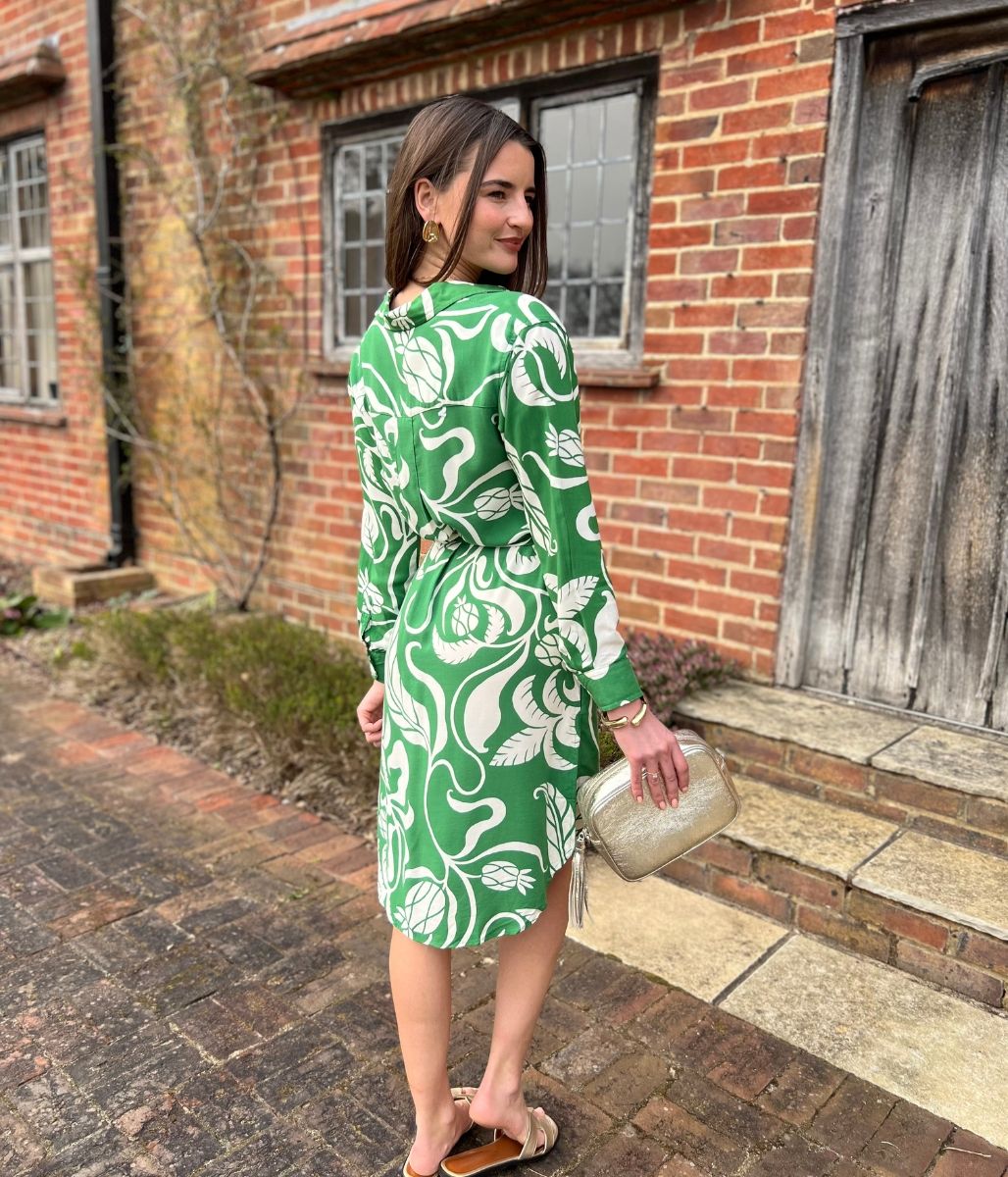 Green Botanical Long Sleeve Shirt Dress