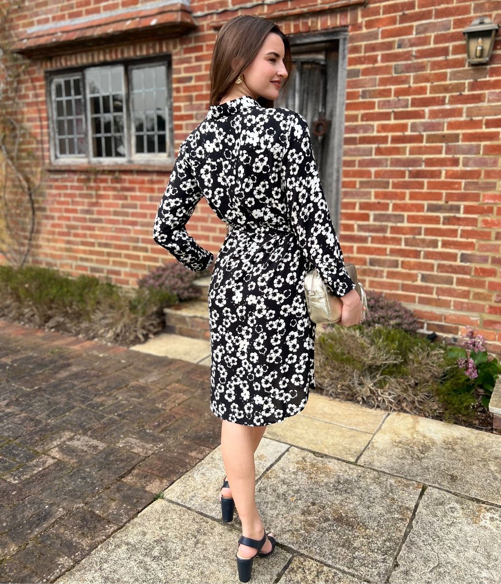 Black Flower Long Sleeve Shirt Dress