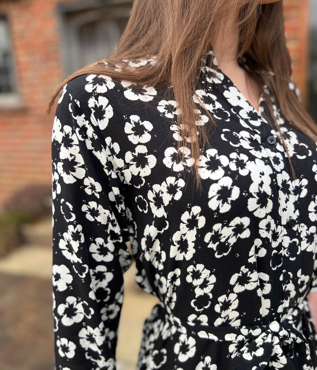 Black Flower Long Sleeve Shirt Dress