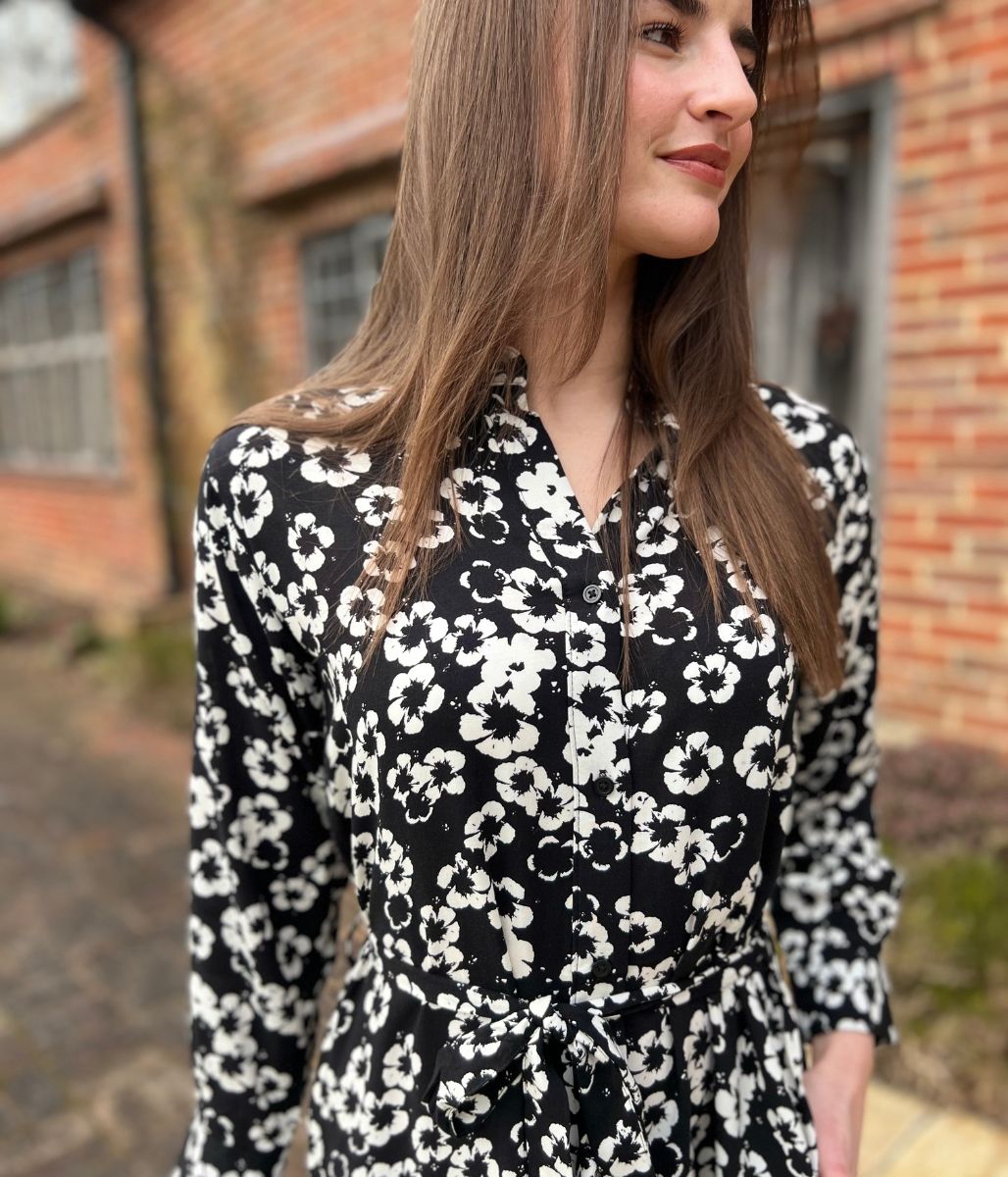 Black Flower Long Sleeve Shirt Dress