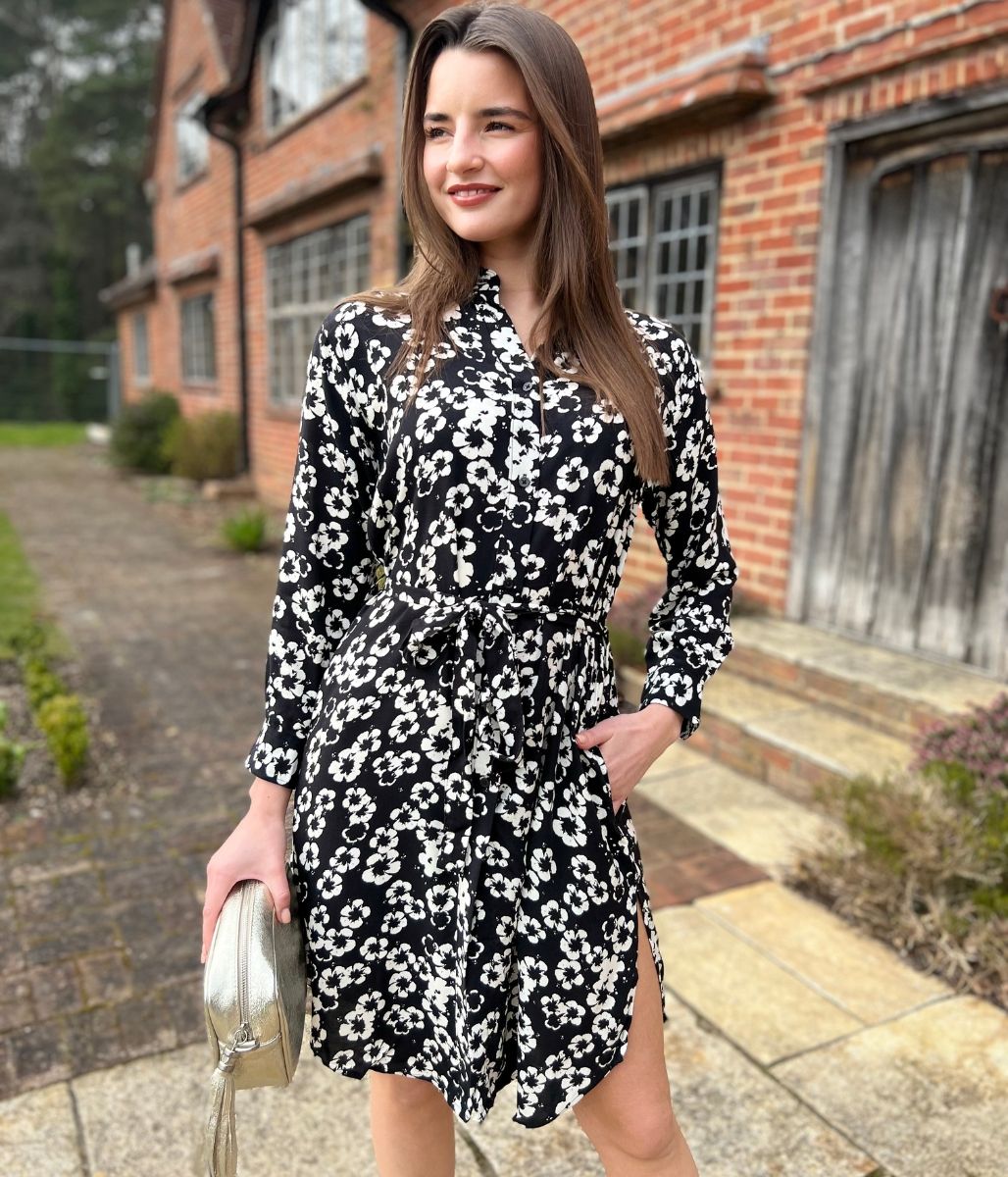 Black Flower Long Sleeve Shirt Dress