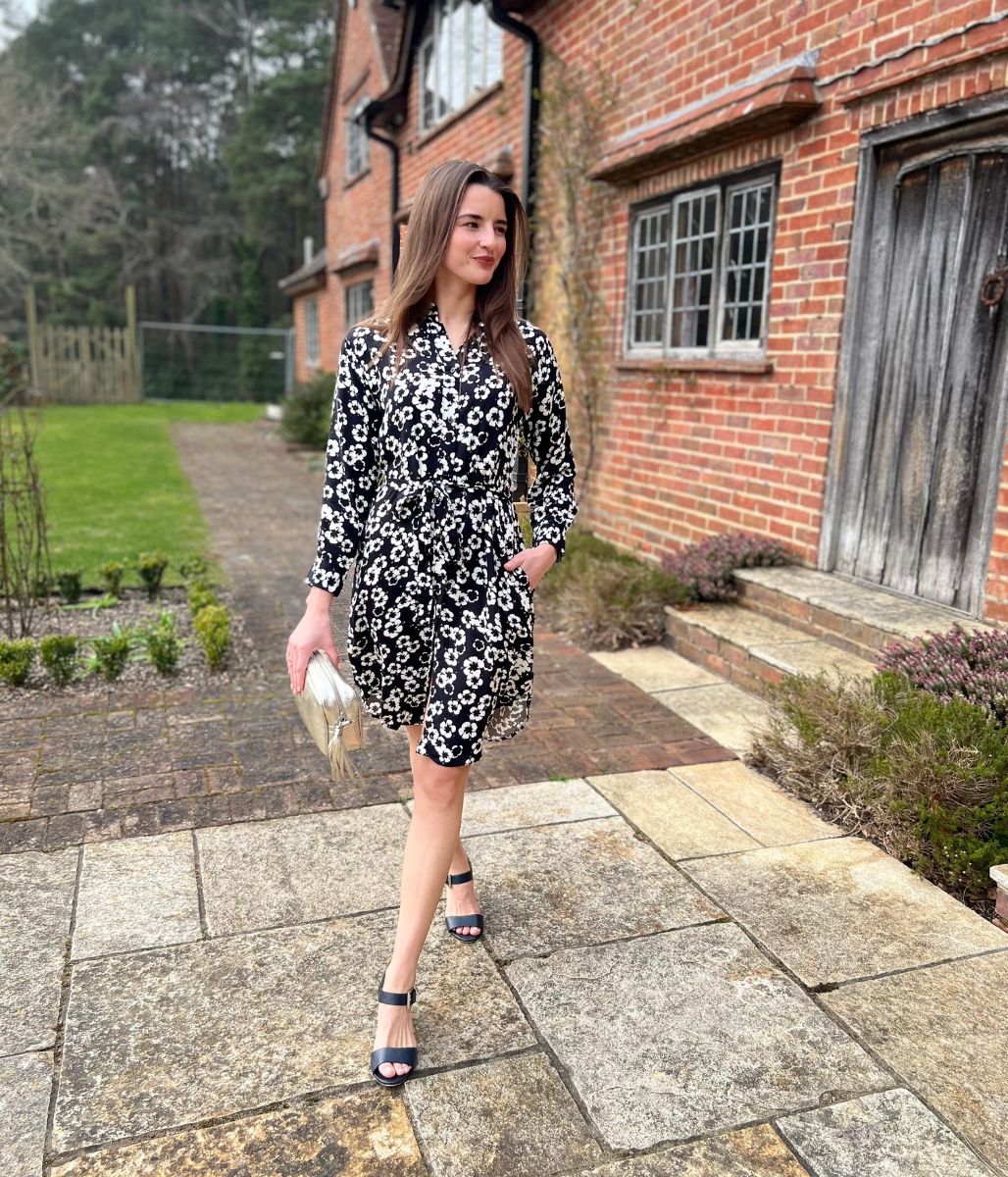 Black Flower Long Sleeve Shirt Dress