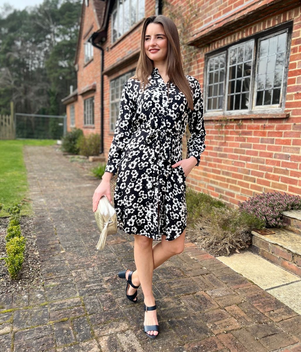 Black Flower Long Sleeve Shirt Dress