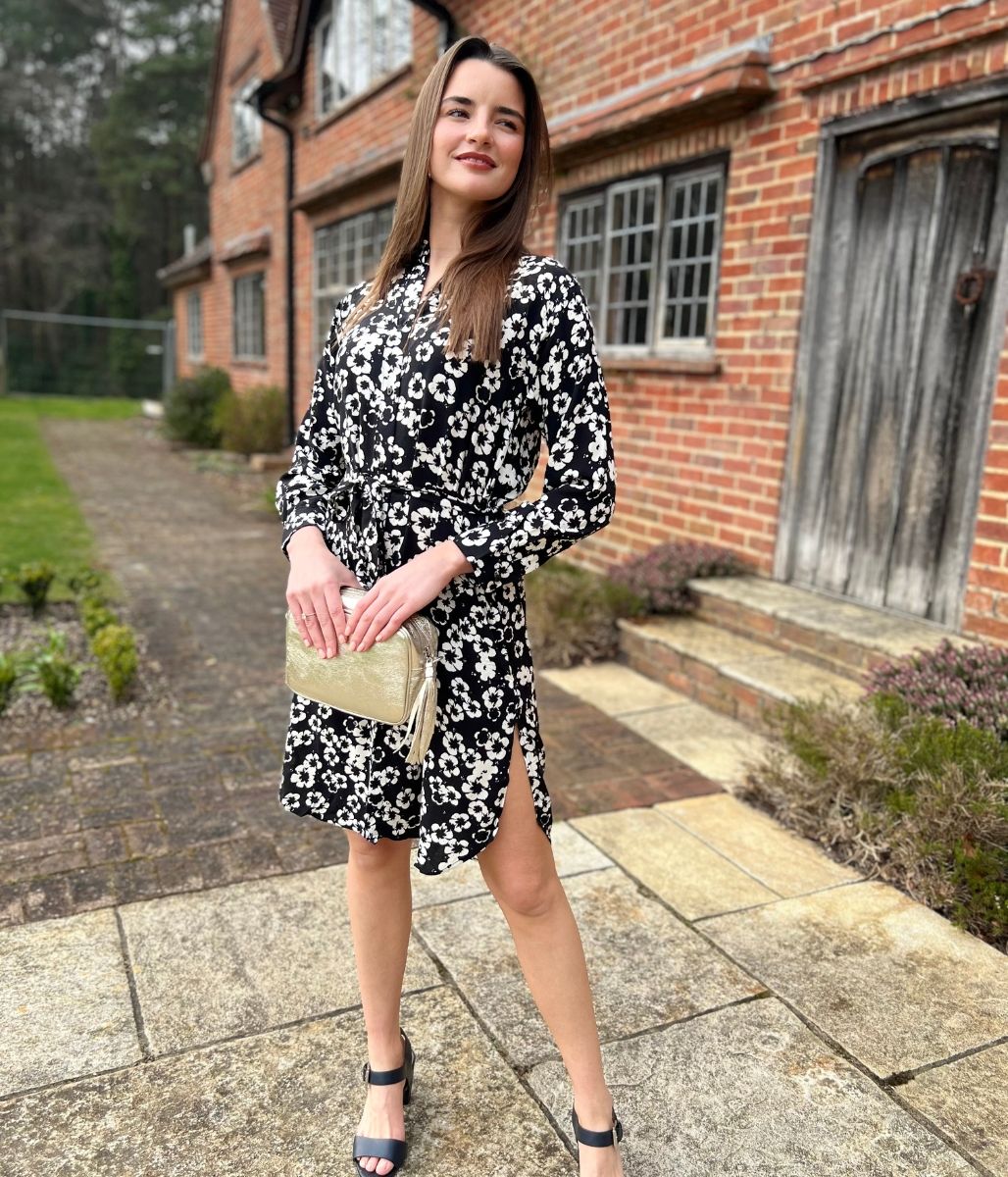 Black Flower Long Sleeve Shirt Dress
