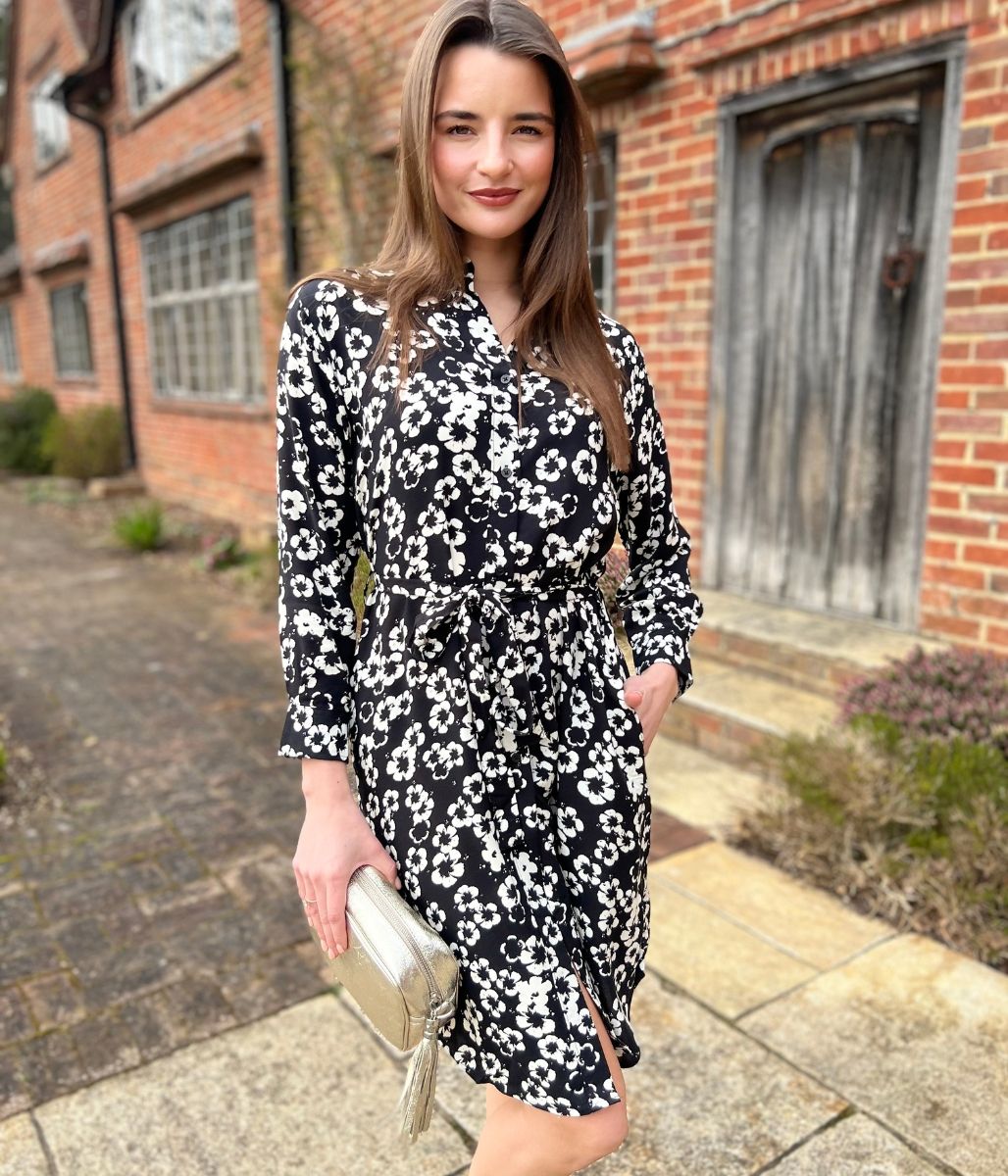 Black Flower Long Sleeve Shirt Dress
