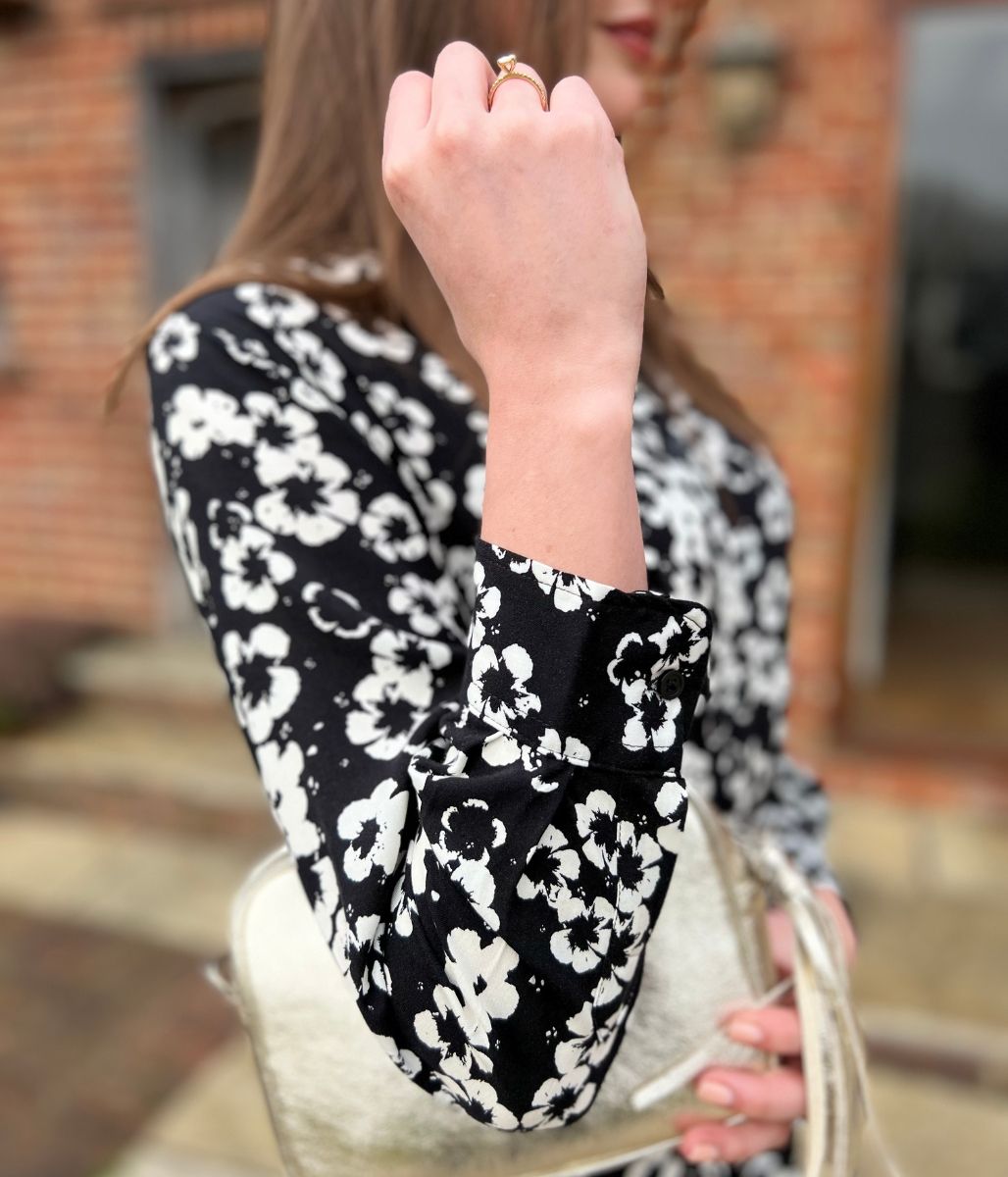 Black Flower Long Sleeve Shirt Dress