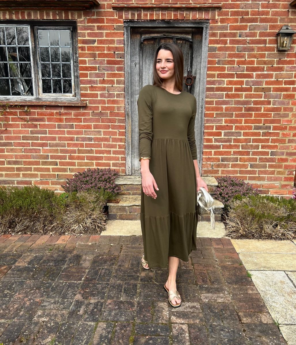 Olive Tiered Jersey Midi Dress