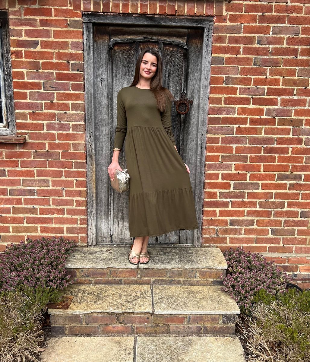 Olive Tiered Jersey Midi Dress