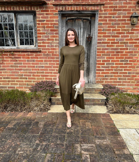 Olive Tiered Jersey Midi Dress
