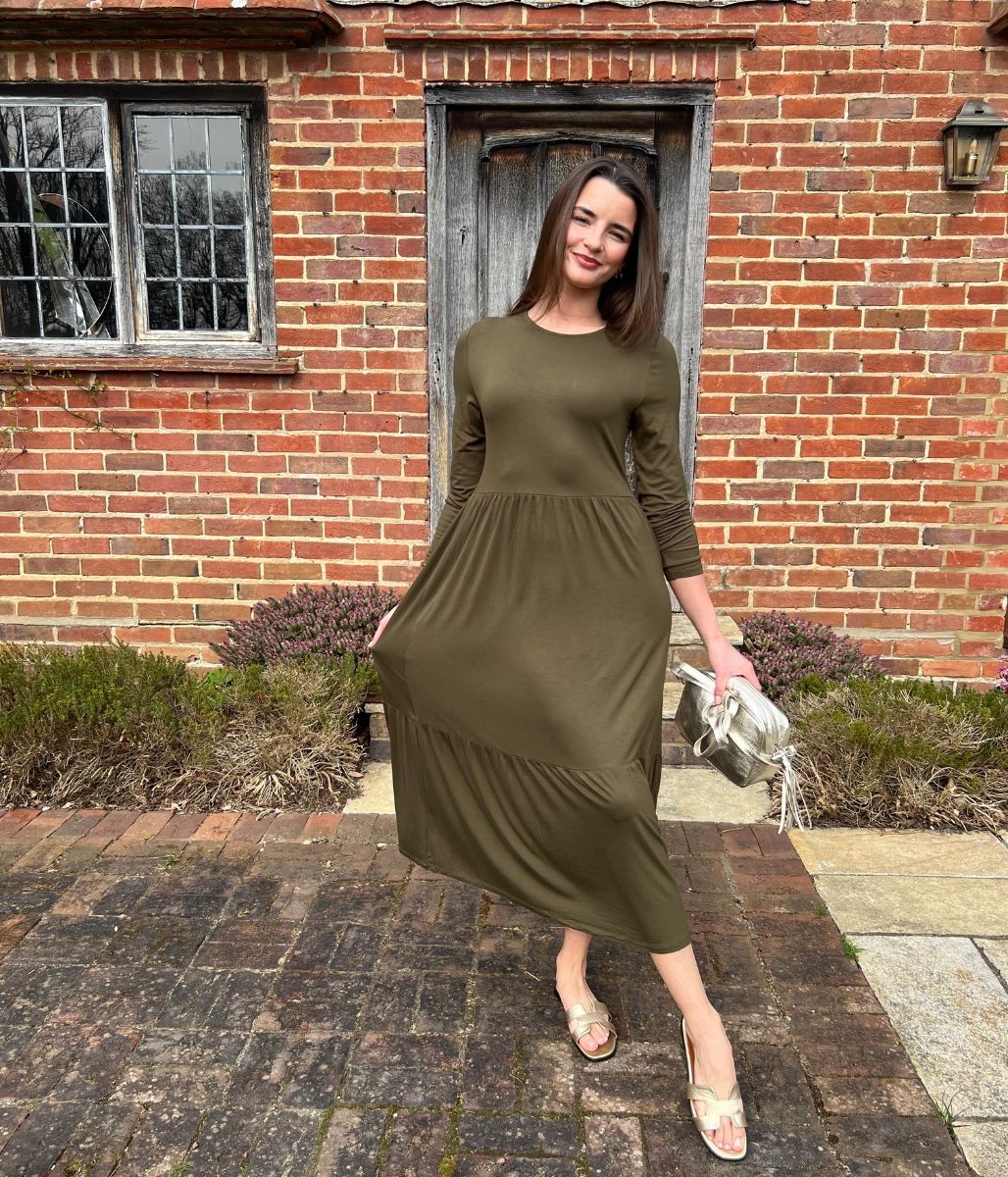 Olive Tiered Jersey Midi Dress