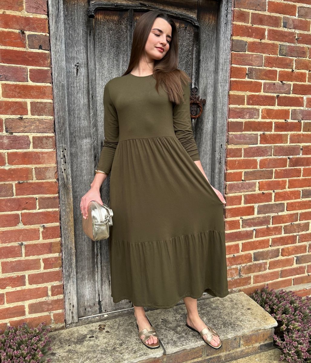 Olive Tiered Jersey Midi Dress