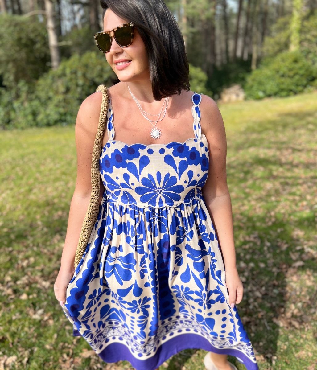 Blue Baroque Print Sun Dress