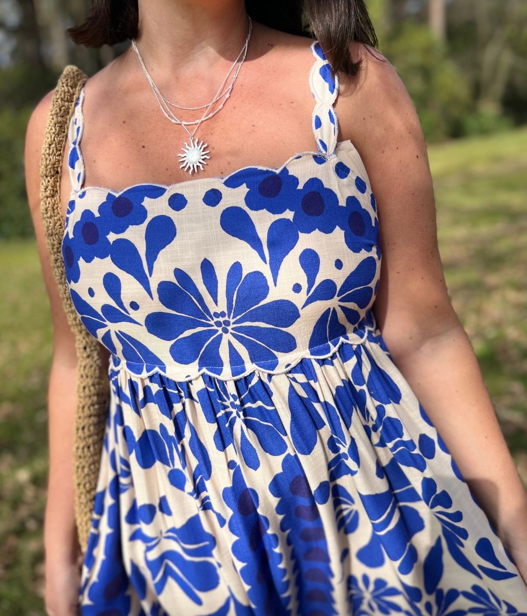 Blue Baroque Print Sun Dress