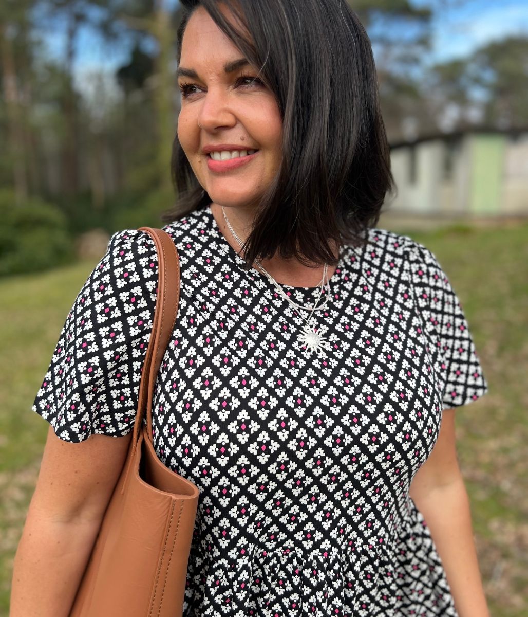 Black Tile Print Cotton Jersey Dress