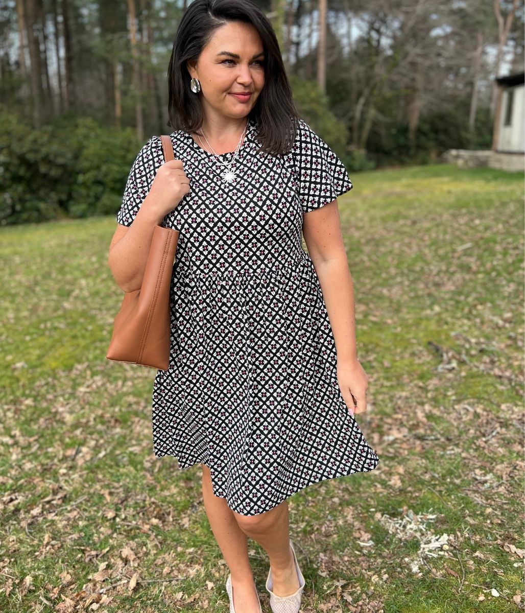 Black Tile Print Cotton Jersey Dress