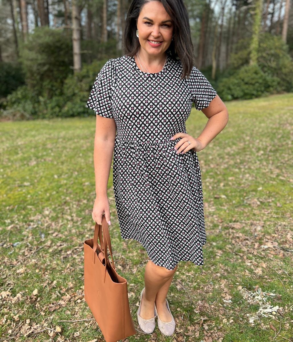 Black Tile Print Cotton Jersey Dress