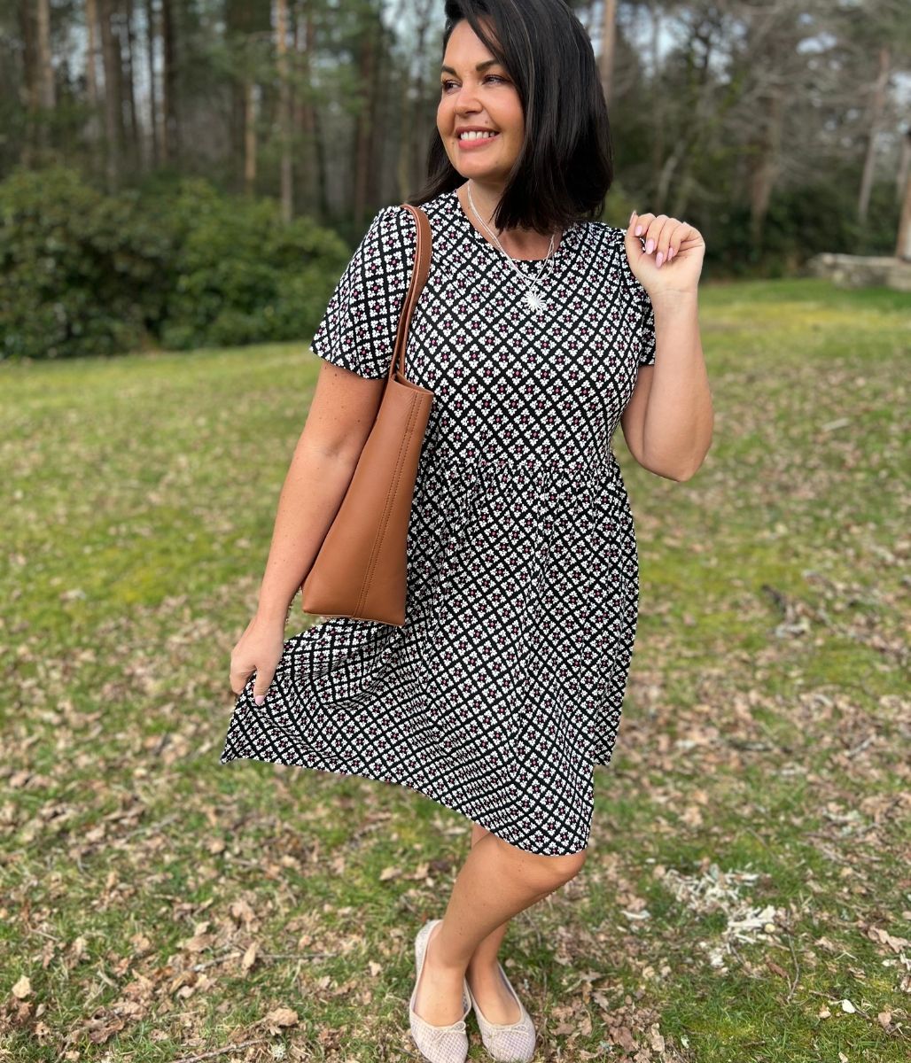 Black Tile Print Cotton Jersey Dress