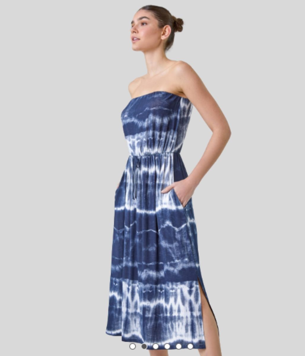 Navy Tie Dye Bandeau Midi Dress