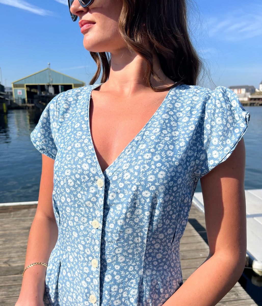 Blue Flower Print Tencel Dress