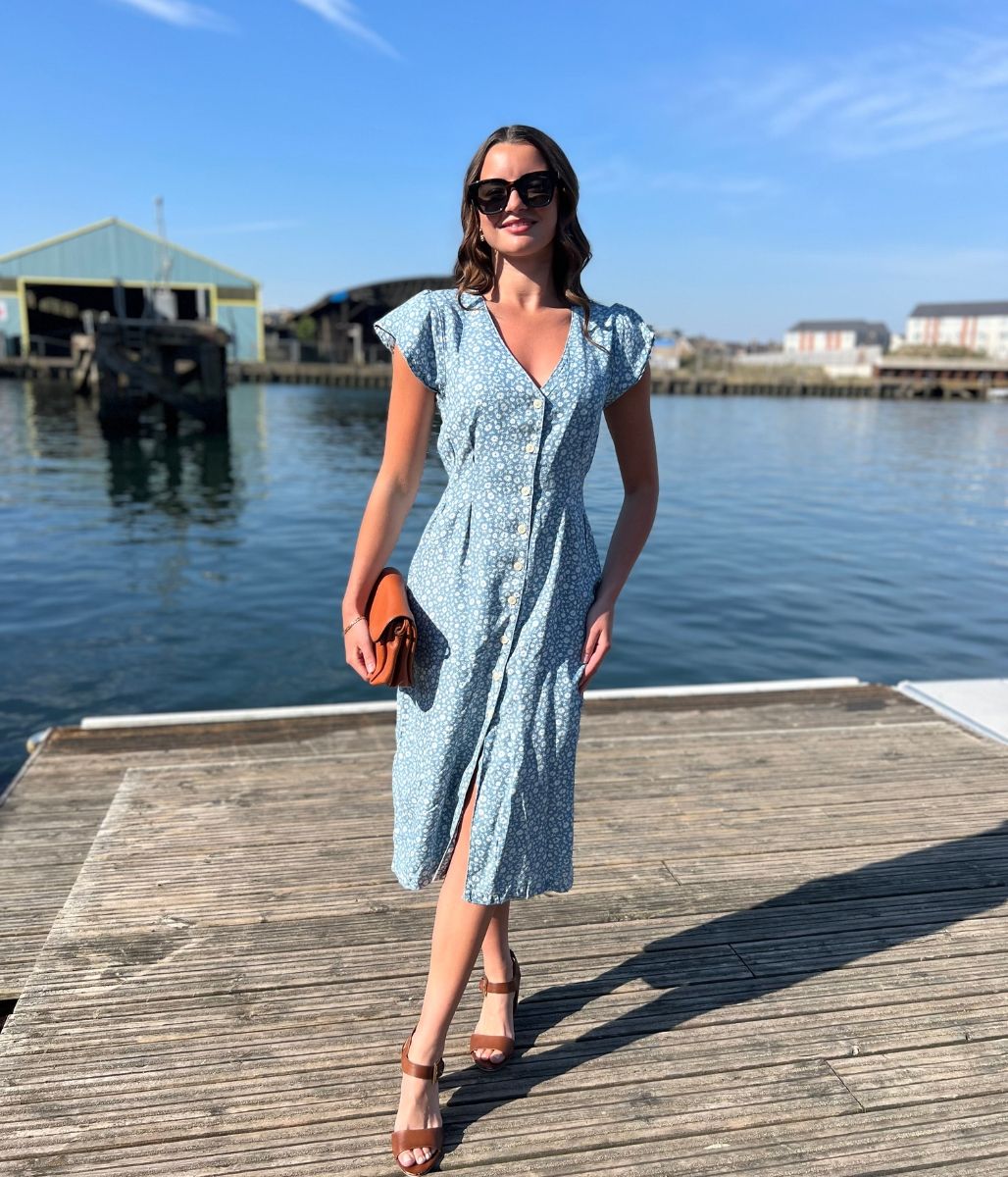 Blue Flower Print Tencel Dress