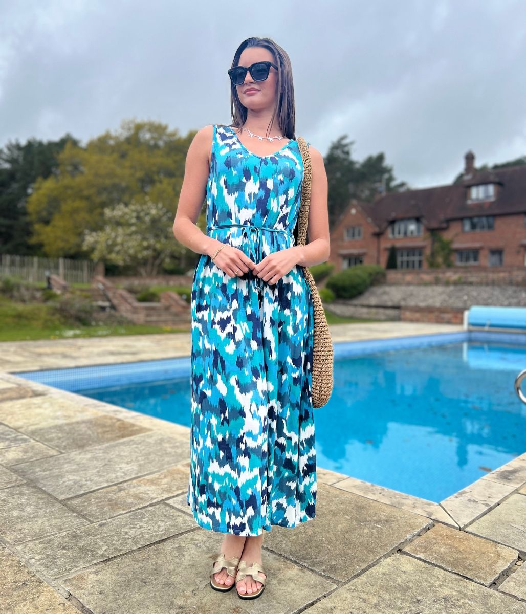 Blue Abstract Sleeveless Jersey Sundress