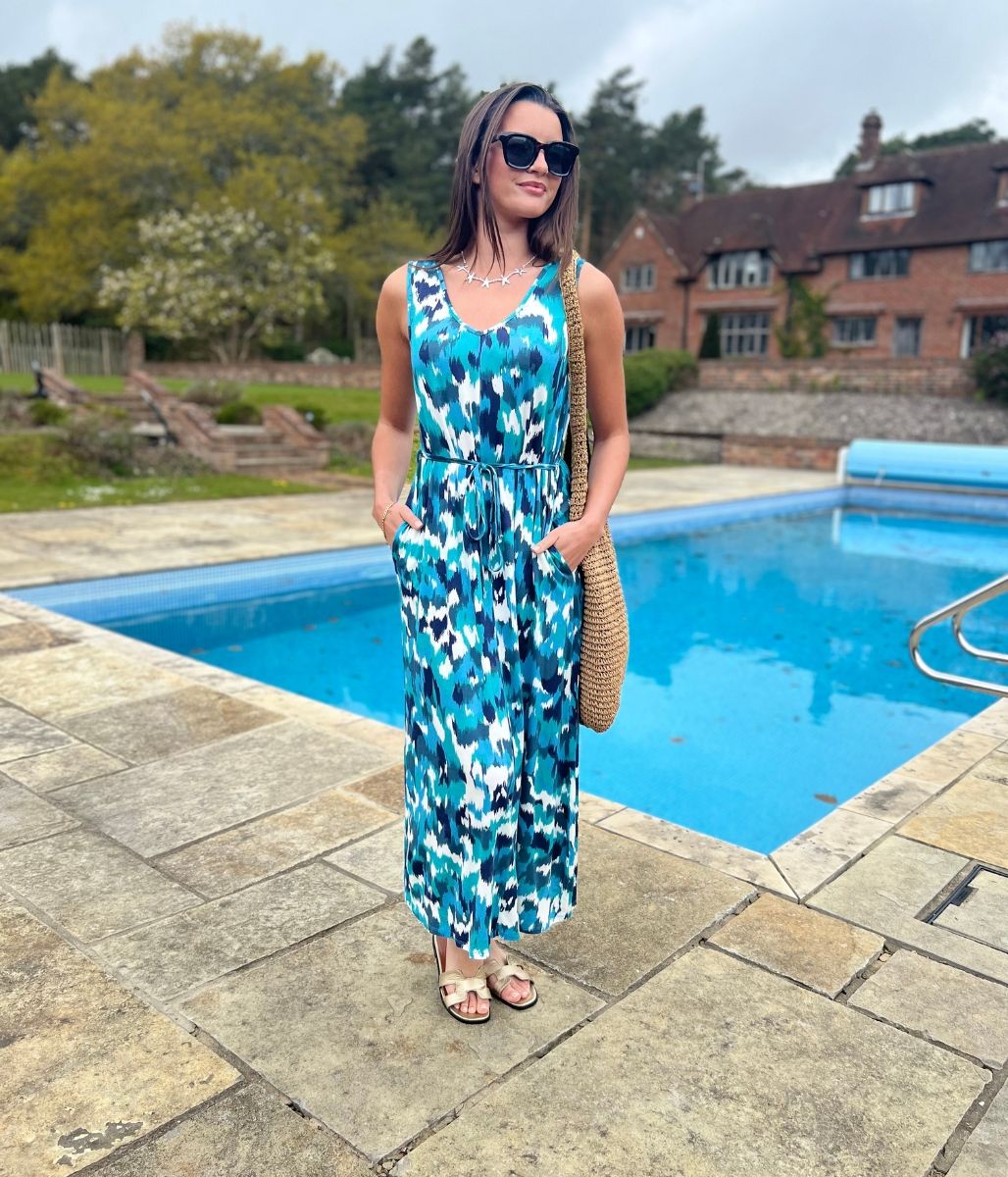 Blue Abstract Sleeveless Jersey Sundress