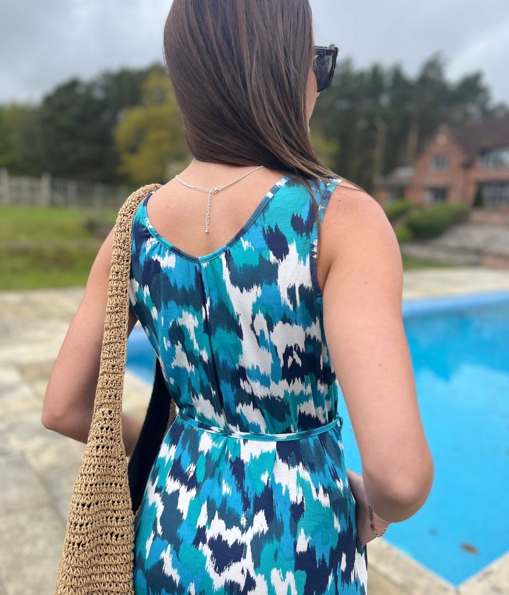 Blue Abstract Sleeveless Jersey Sundress