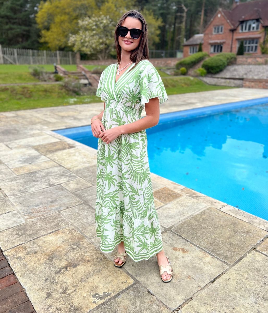 Green Raya Tropical Print Sundress