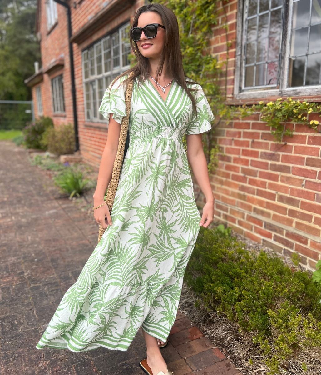 Green Raya Tropical Print Sundress