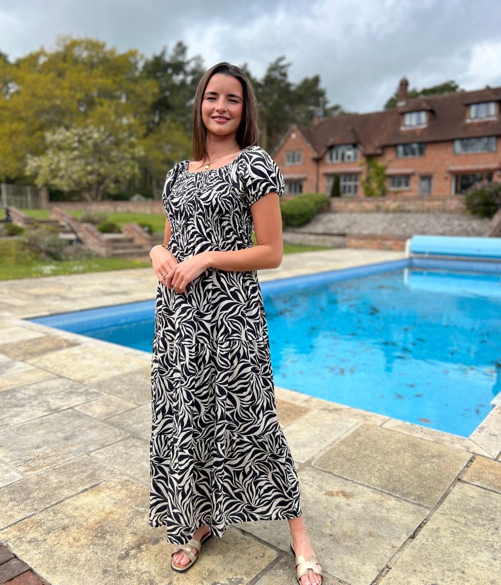 Black Phoebe Leaf Print Shirred Dress