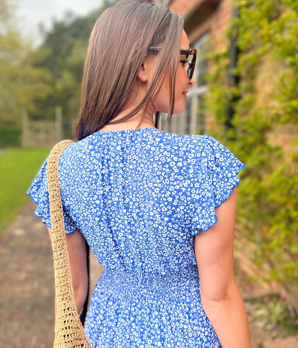 Blue Clara Ditsy Print Midi Dress
