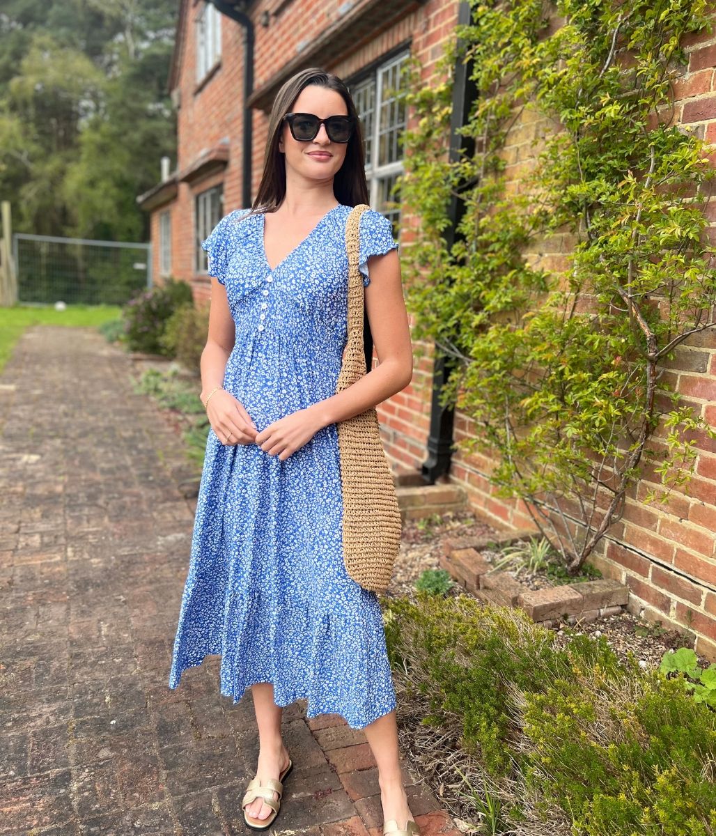 Blue Clara Ditsy Print Midi Dress