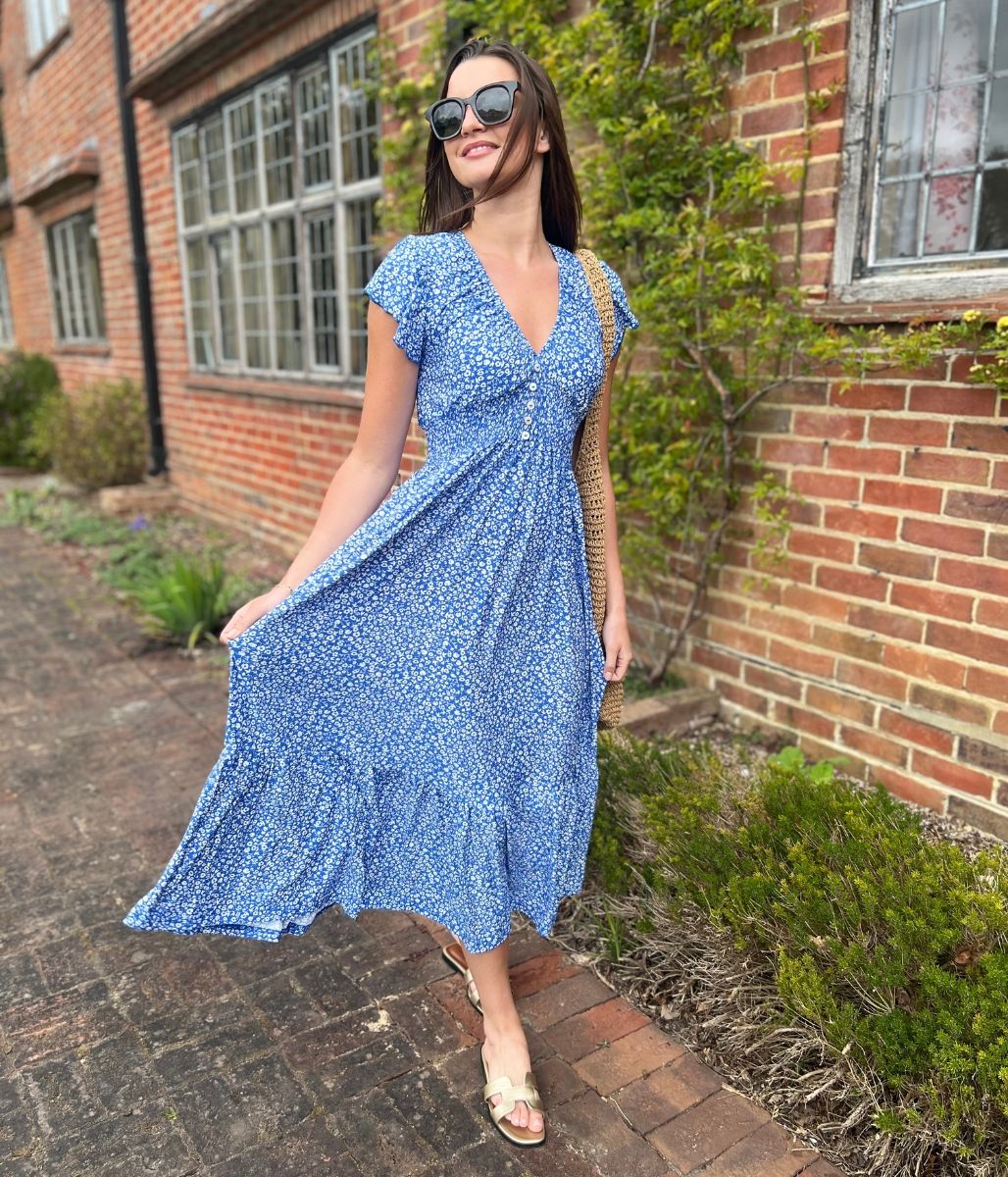 Blue Clara Ditsy Print Midi Dress