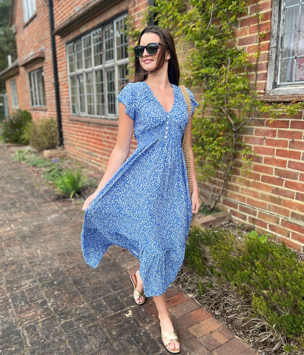 Blue Clara Ditsy Print Midi Dress
