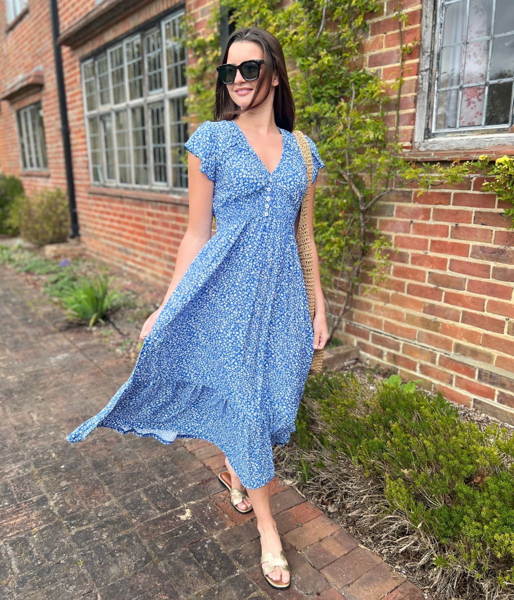 Blue Clara Ditsy Print Midi Dress