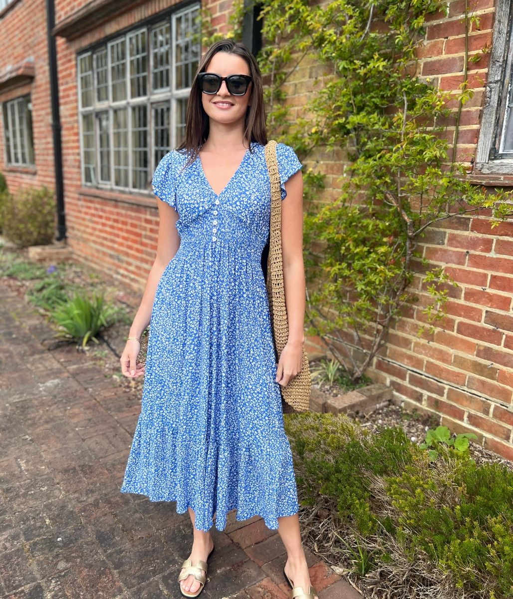 Blue Clara Ditsy Print Midi Dress