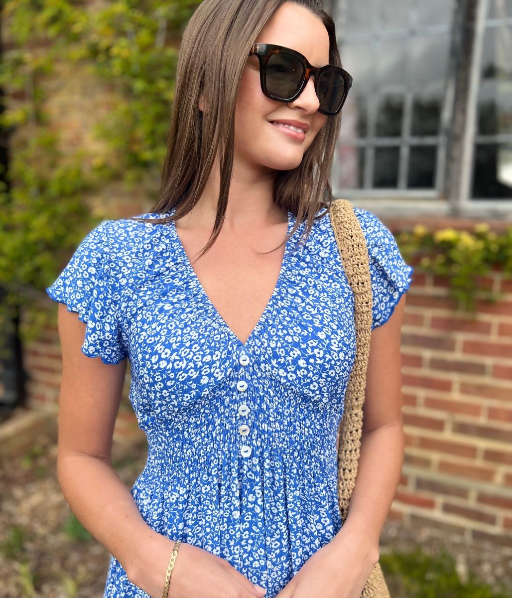 Blue Clara Ditsy Print Midi Dress
