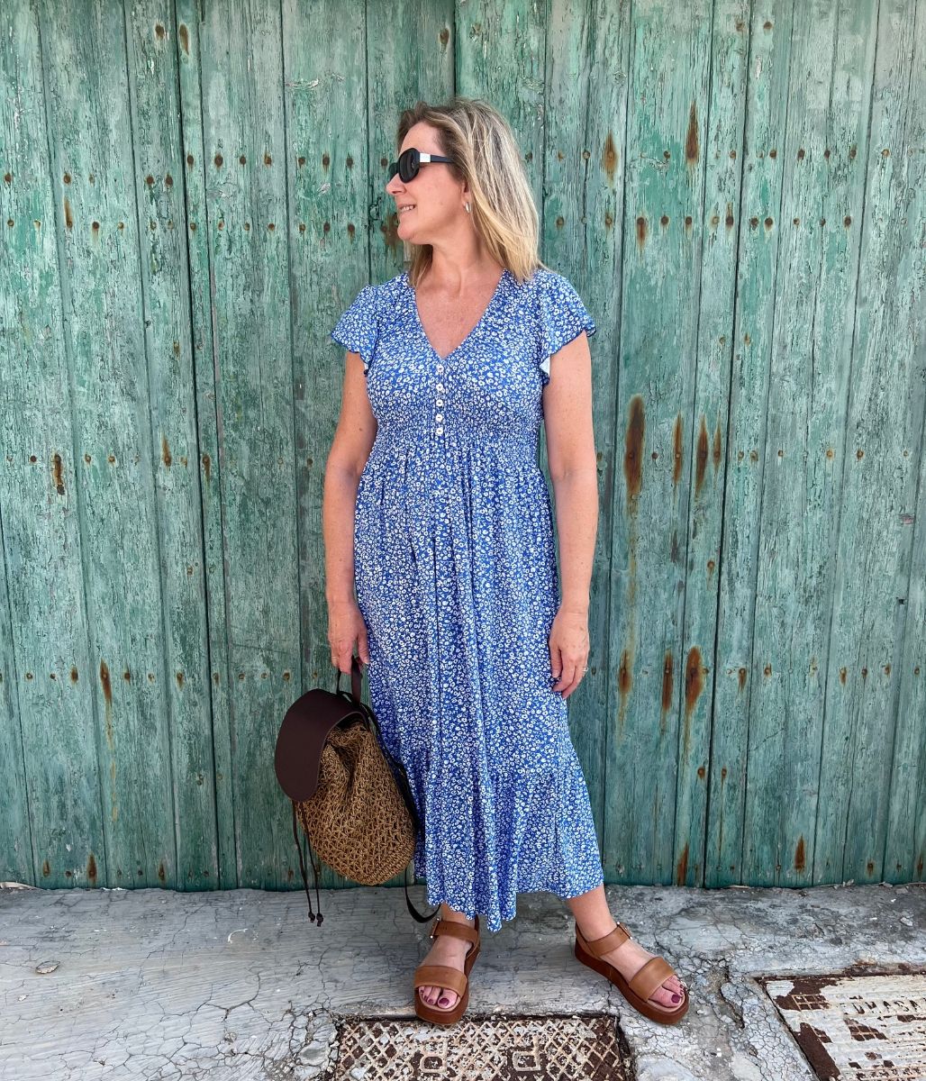 Blue Clara Ditsy Print Midi Dress