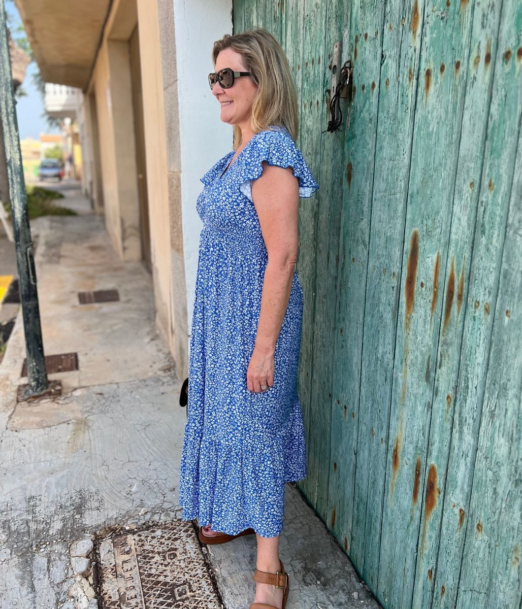 Blue Clara Ditsy Print Midi Dress