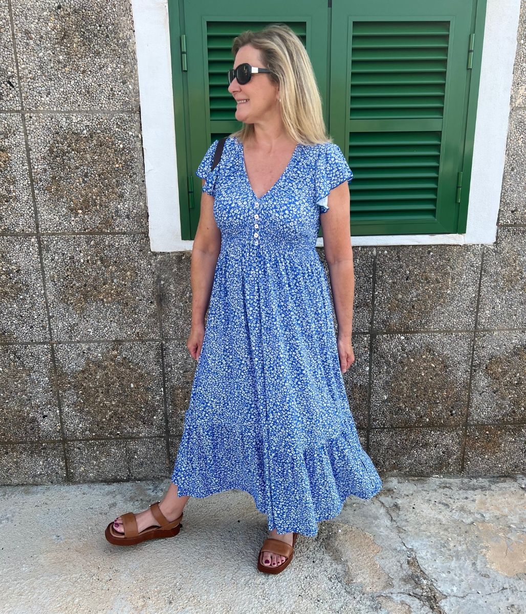 Blue Clara Ditsy Print Midi Dress