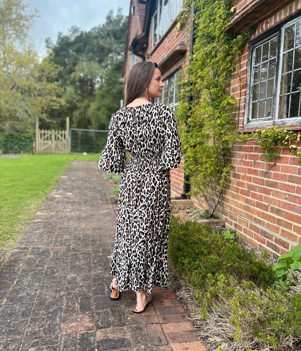 Leopard Print Shirred Waist Midaxi Dress