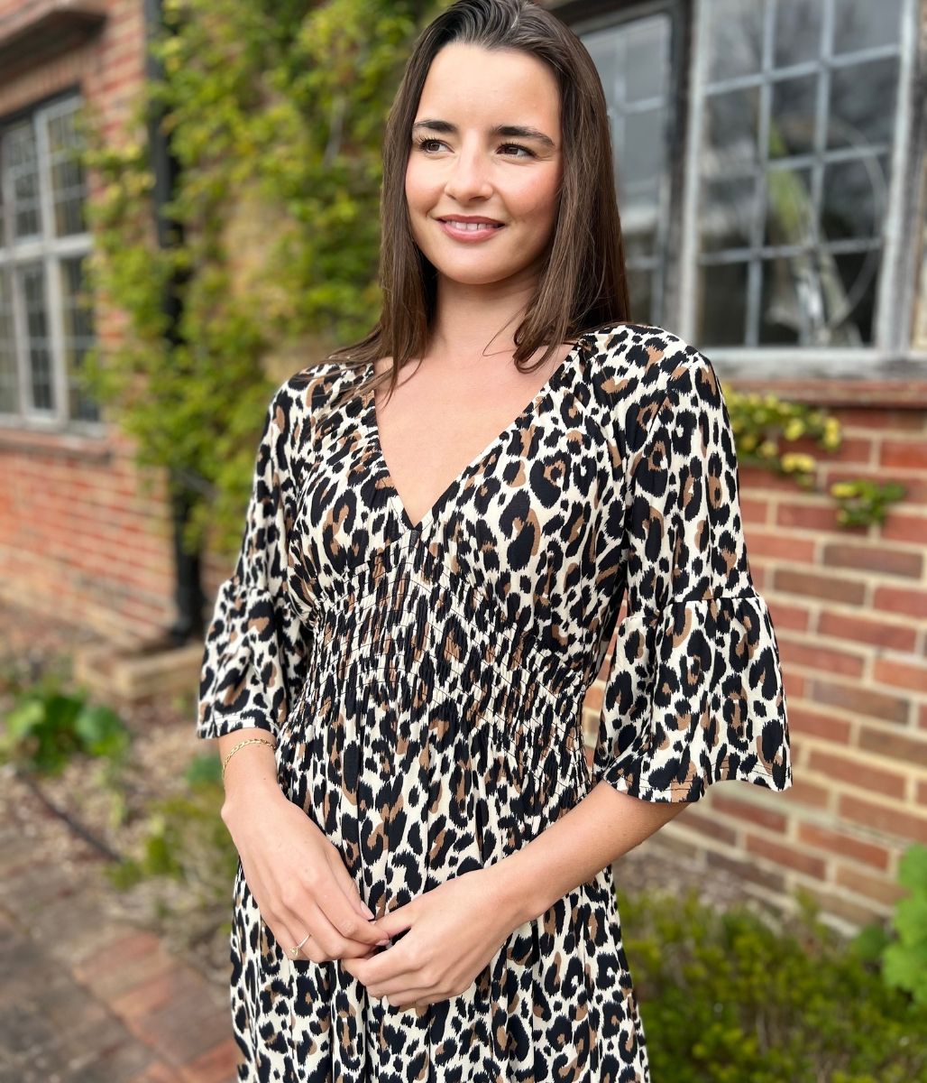 Leopard Print Shirred Waist Midaxi Dress