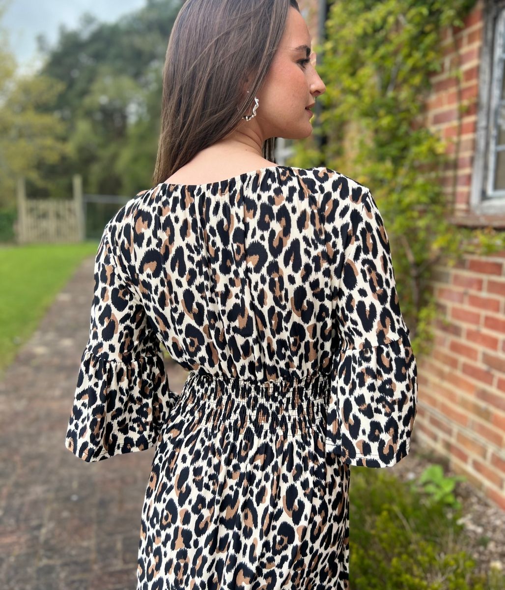 Leopard Print Shirred Waist Midaxi Dress