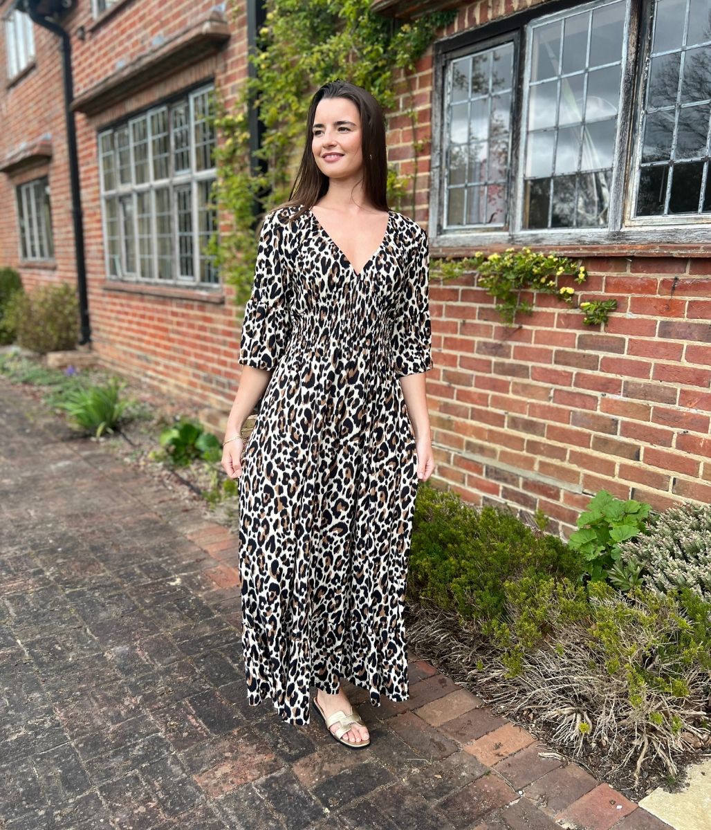 Leopard Print Shirred Waist Midaxi Dress