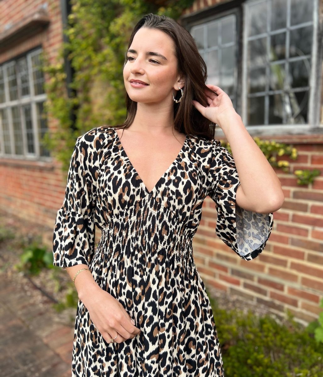 Leopard Print Shirred Waist Midaxi Dress