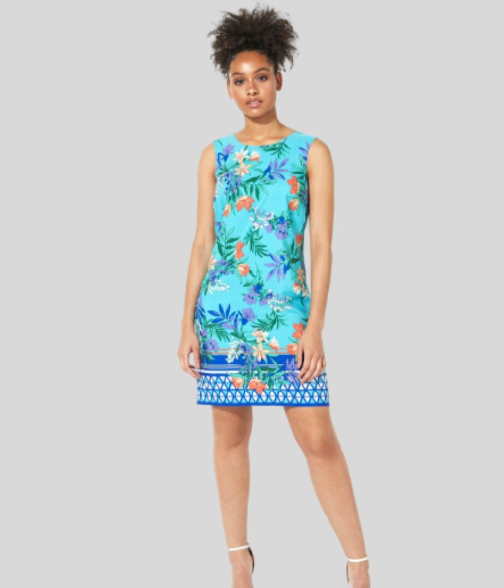 Turquoise Floral Border Print Shift Sundress