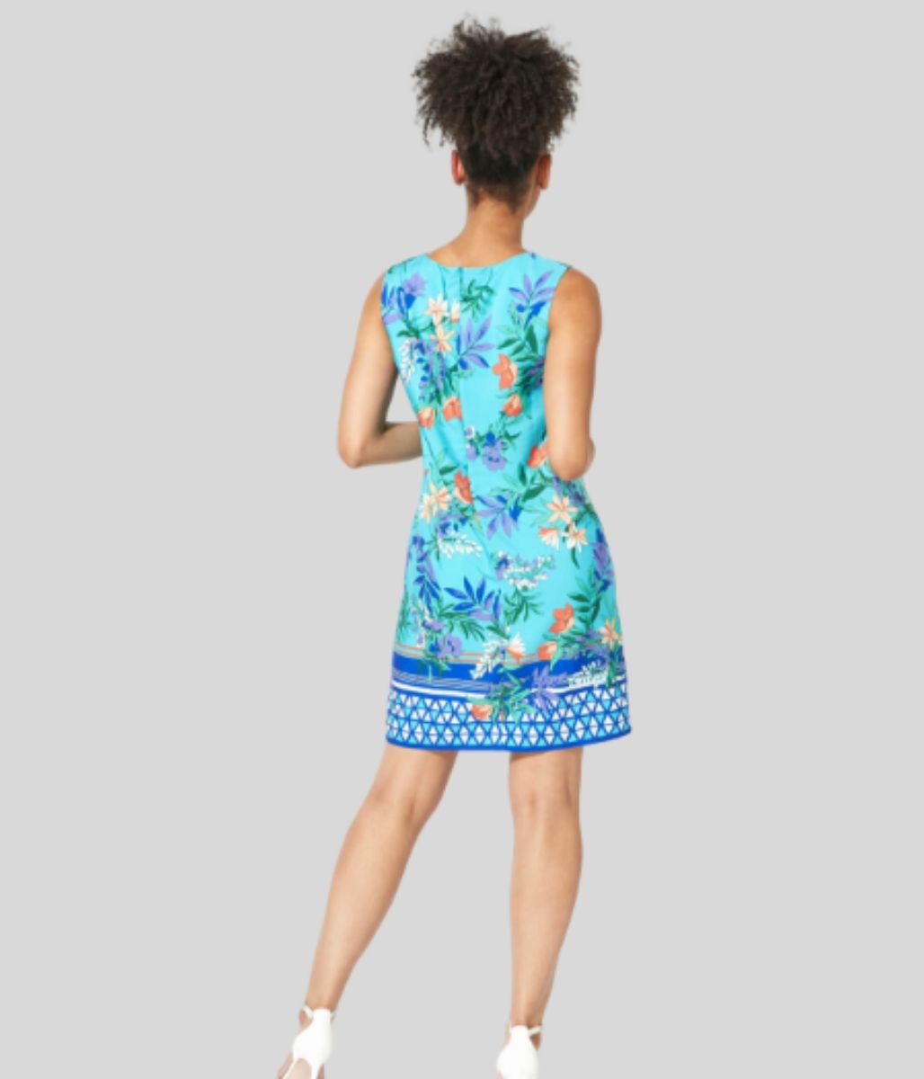 Turquoise Floral Border Print Shift Sundress